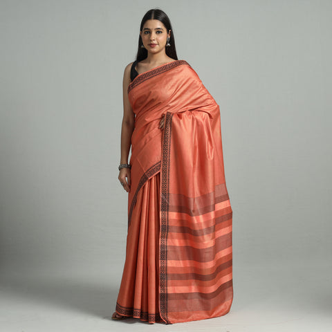 Orange - Traditional Vidarbha Tussar Silk Cotton Handloom Saree with Woven Border 33