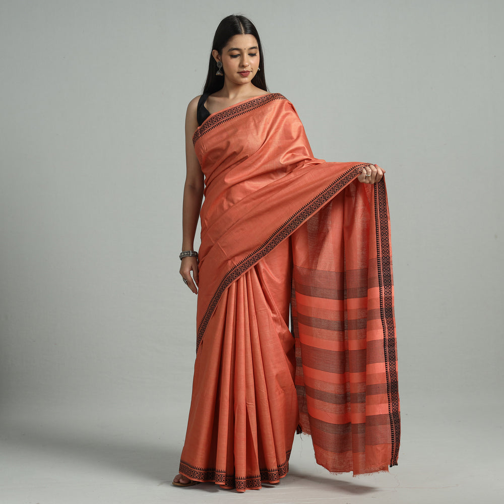 Orange - Traditional Vidarbha Tussar Silk Cotton Handloom Saree with Woven Border 33