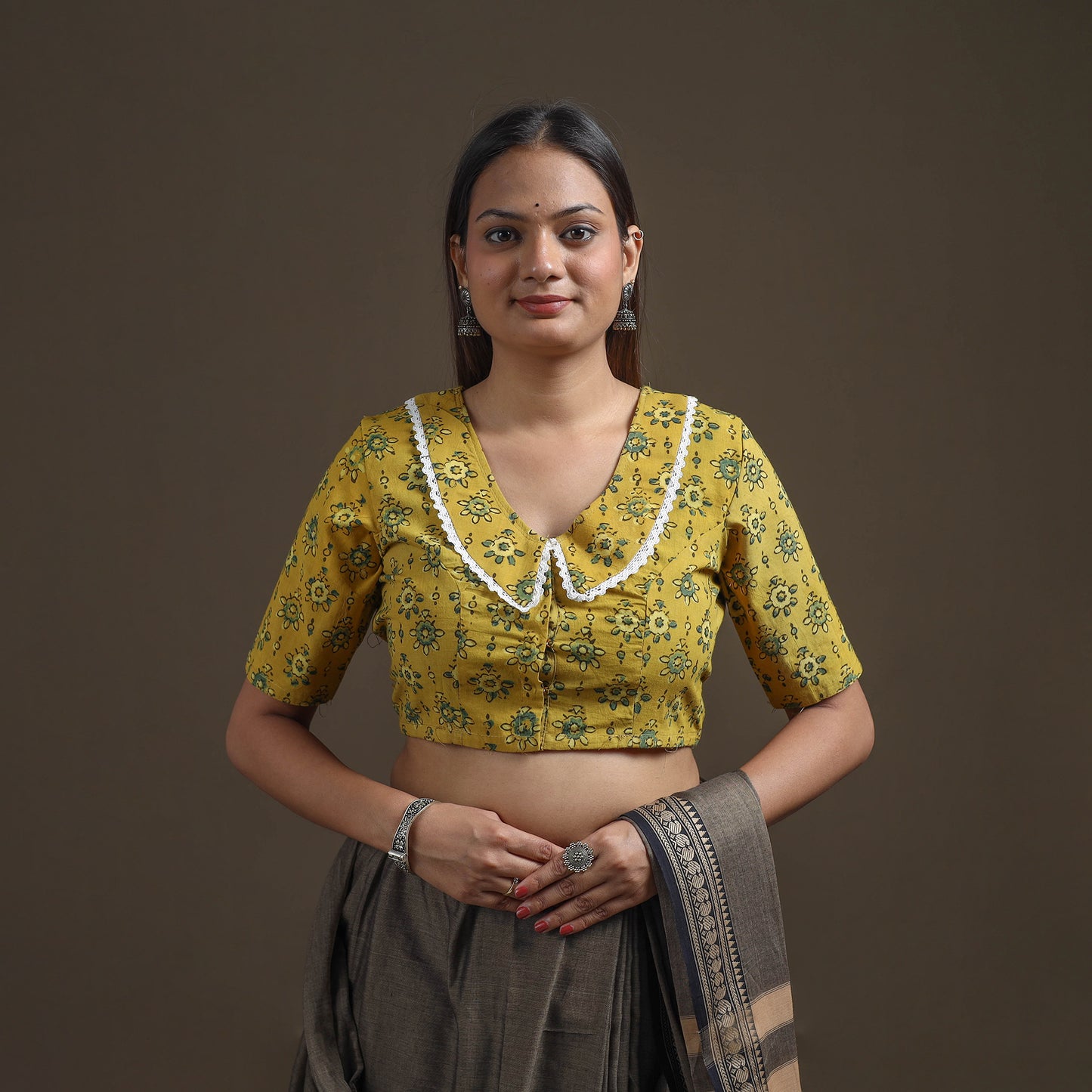 Ajrakh Hand Block Print Natural Dyed Cotton Readymade Blouse with Lace Work 08