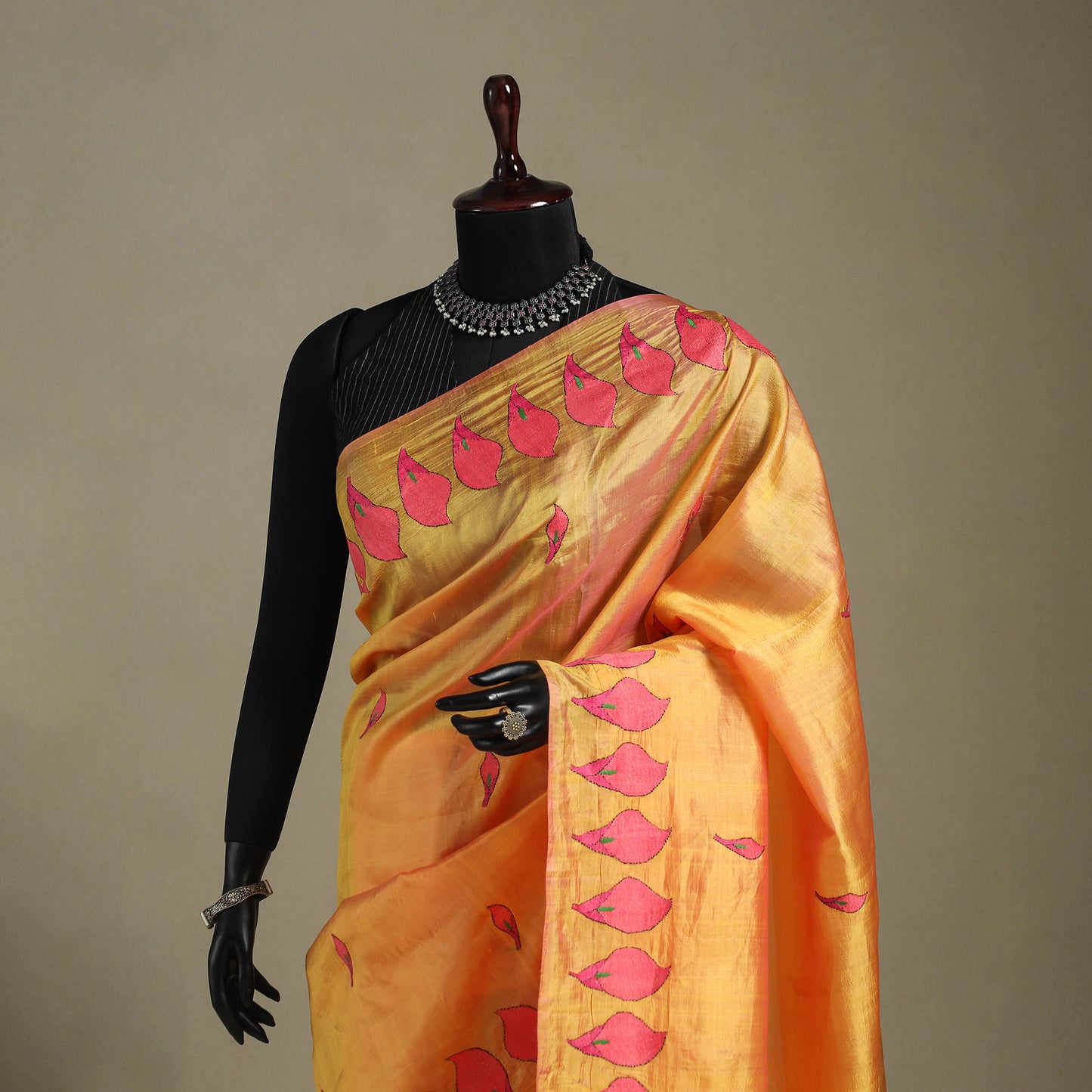 Orange - bengal hand embroidery banarasi silk handloom