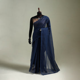 Blue - Nazaakat Kota Doria Cotton Plain Saree with Blouse & Jewellery Set 46