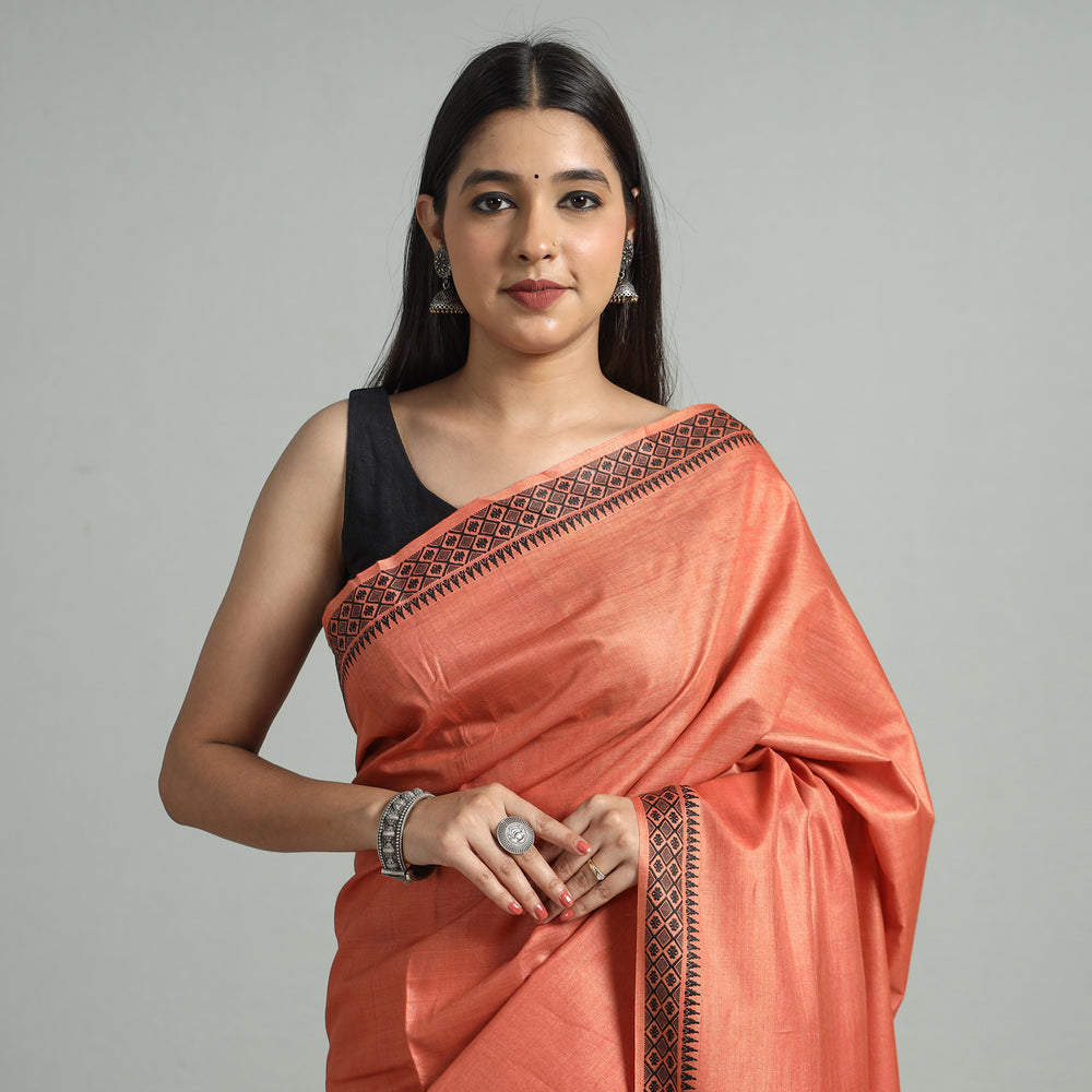 Orange - Traditional Vidarbha Tussar Silk Cotton Handloom Saree with Woven Border 33