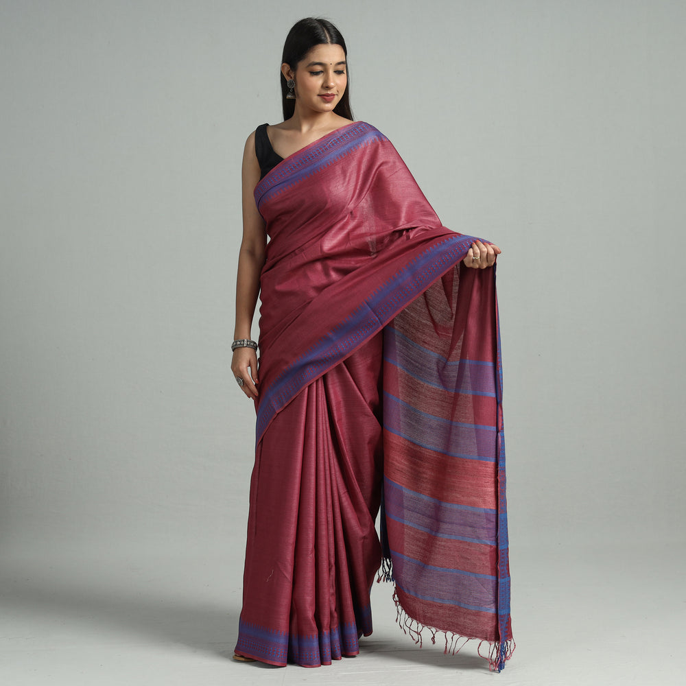 Maroon - Traditional Vidarbha Tussar Silk Cotton Handloom Saree with Woven Border 35