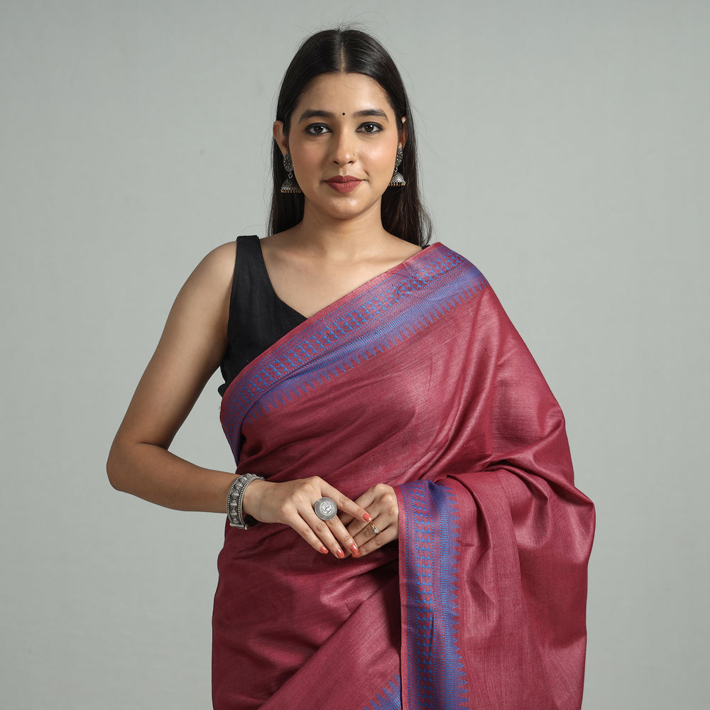 Maroon - Traditional Vidarbha Tussar Silk Cotton Handloom Saree with Woven Border 35