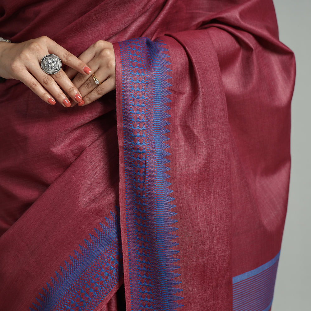 Maroon - Traditional Vidarbha Tussar Silk Cotton Handloom Saree with Woven Border 35