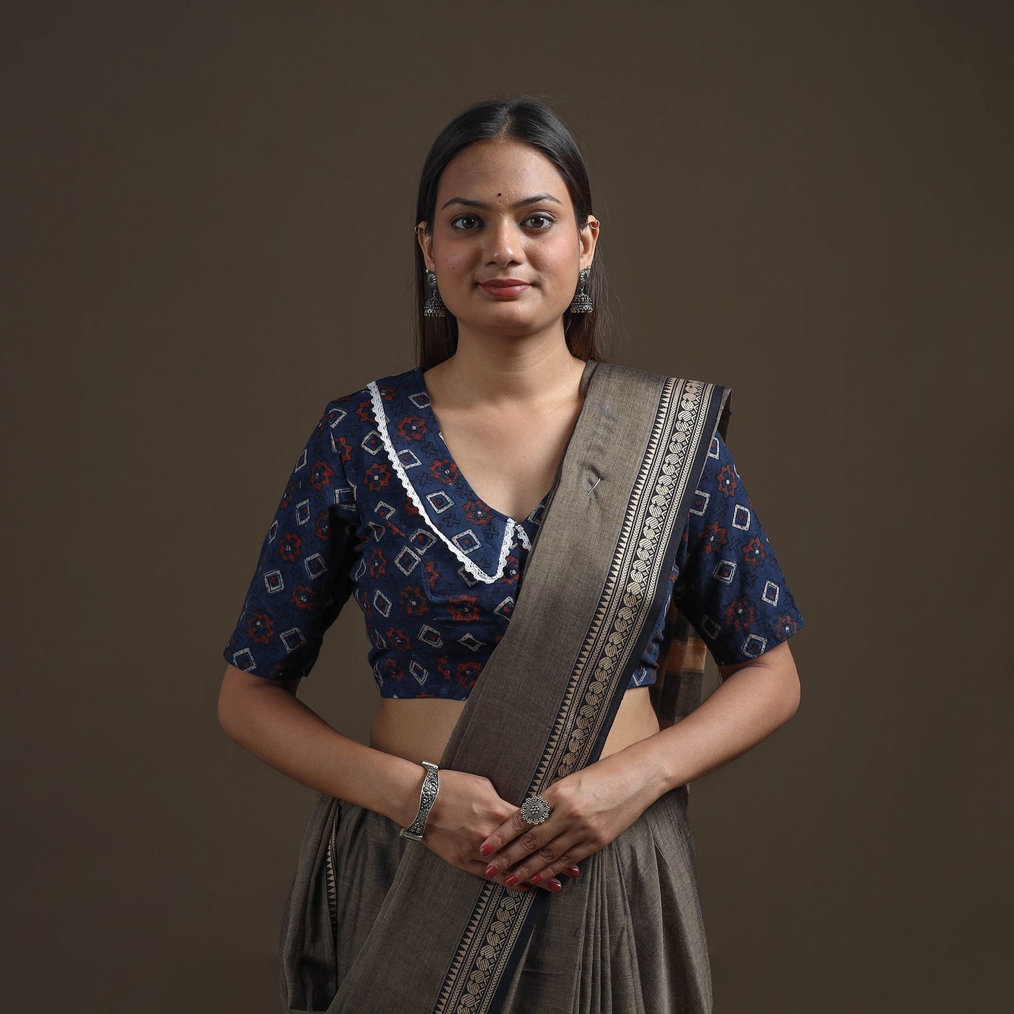 Ajrakh Hand Block Print Natural Dyed Cotton Readymade Blouse with Lace Work 10