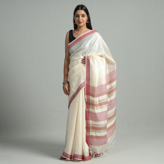 White - Traditional Vidarbha Tussar Silk Handloom Saree with Woven Border 36