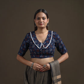 Ajrakh Hand Block Print Natural Dyed Cotton Readymade Blouse with Lace Work 10