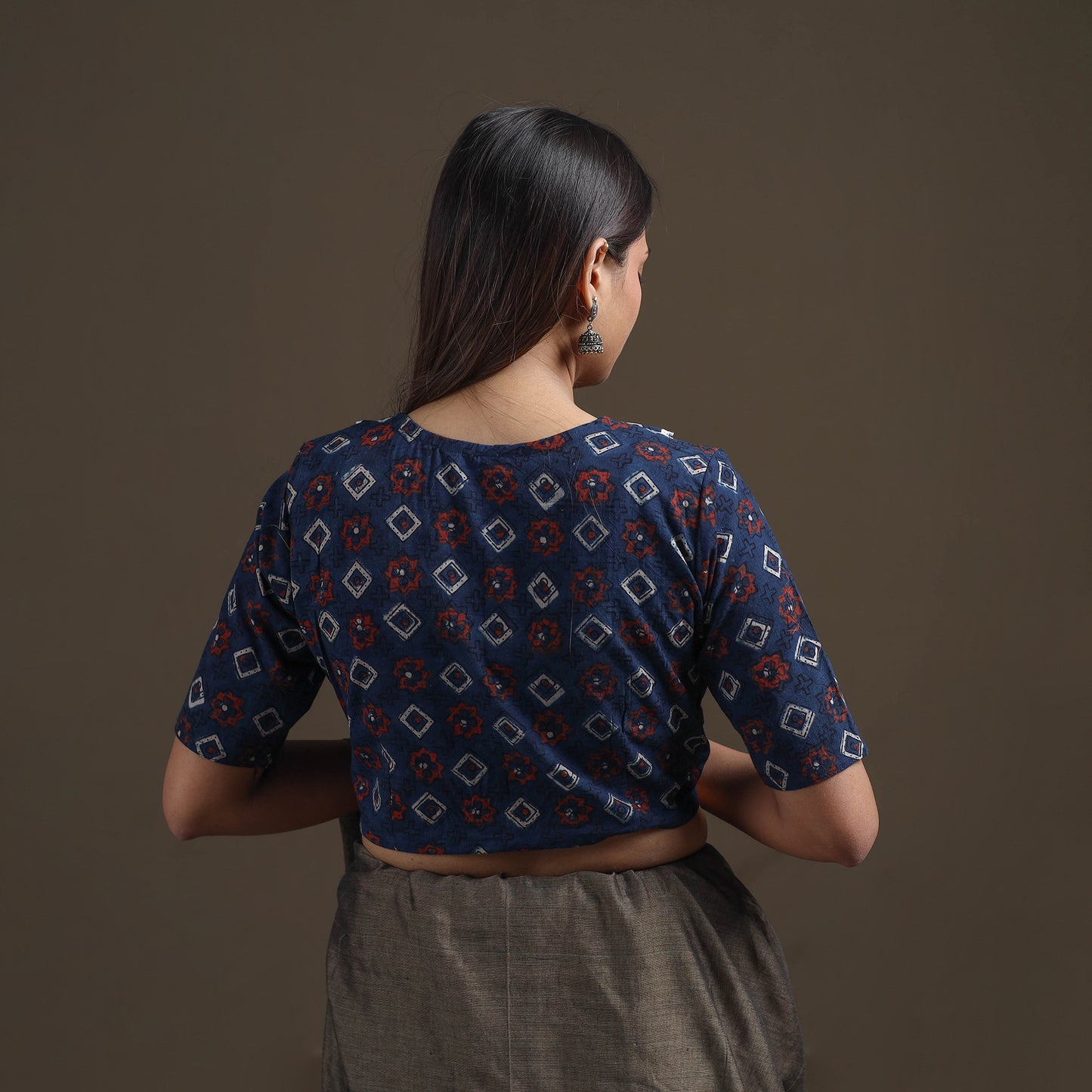 Ajrakh Hand Block Print Natural Dyed Cotton Readymade Blouse with Lace Work 10