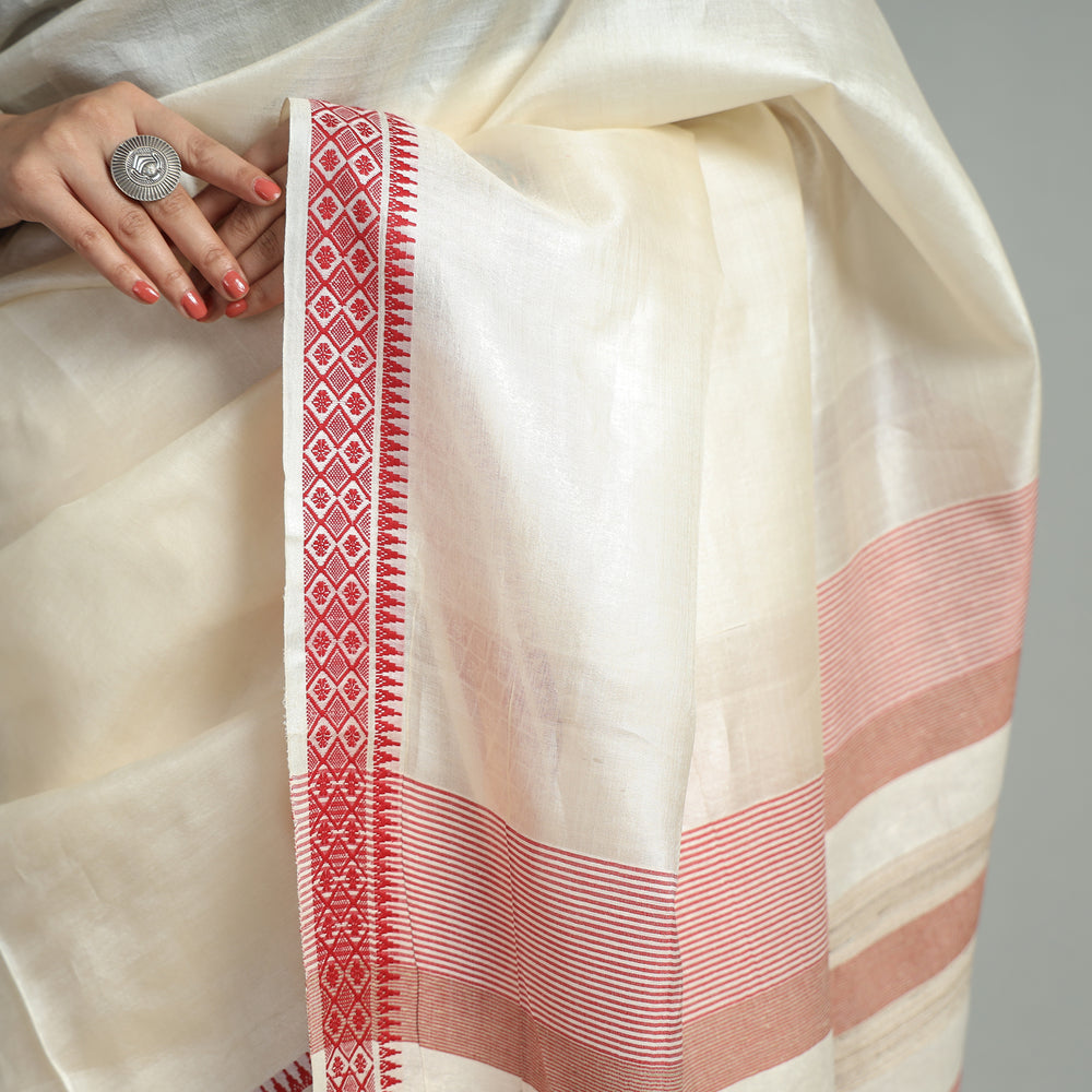 White - Traditional Vidarbha Tussar Silk Handloom Saree with Woven Border 36