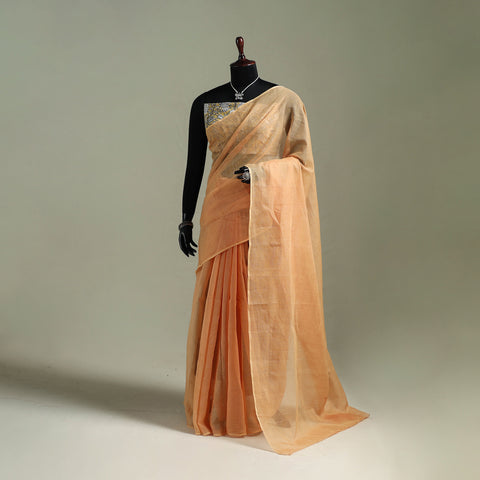 Peach - Nazaakat Kota Doria Cotton Plain Saree with Blouse & Jewellery Set 49