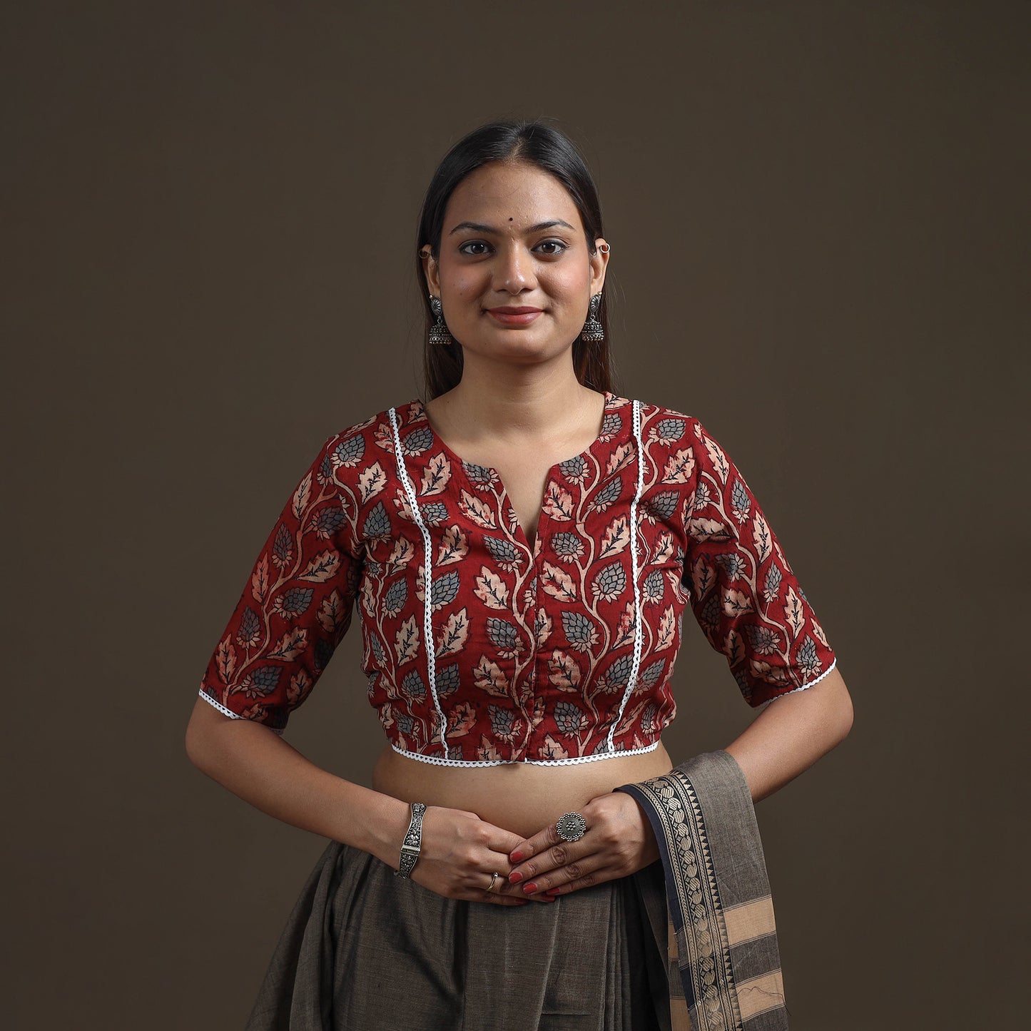 Ajrakh Hand Block Print Natural Dyed Cotton Readymade Blouse with Lace Work 05