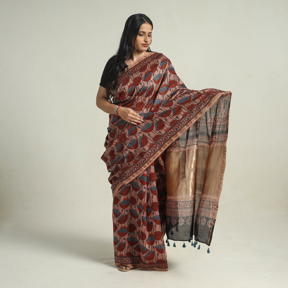 Brown - Chanderi Silk Block Printed Ajrakh Saree 06