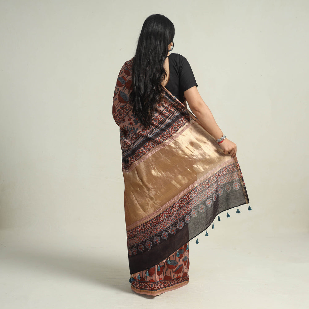 Brown - Chanderi Silk Block Printed Ajrakh Saree 06