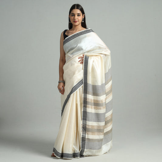 White - Traditional Vidarbha Tussar Silk Handloom Saree with Woven Border 37