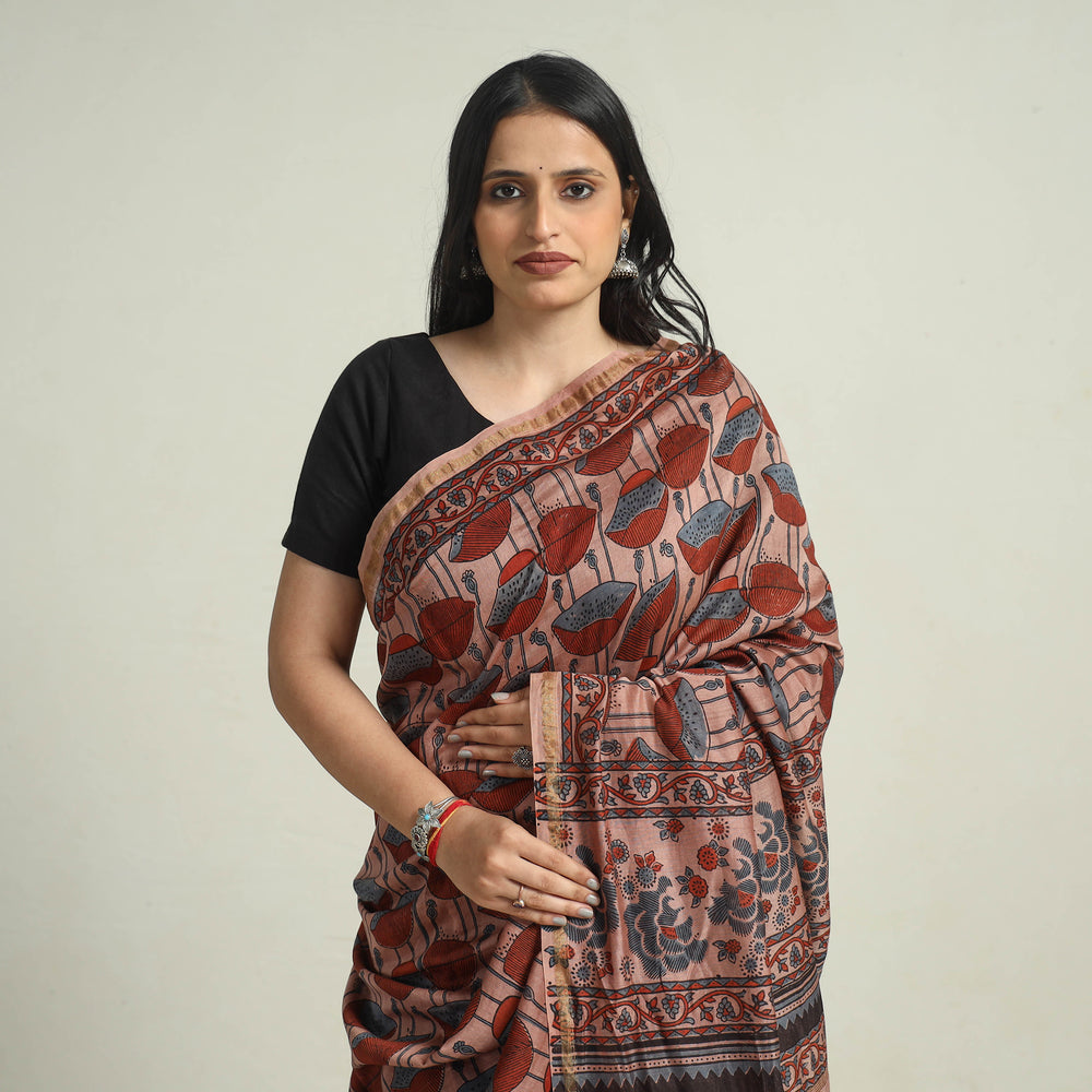 Brown - Chanderi Silk Block Printed Ajrakh Saree 06