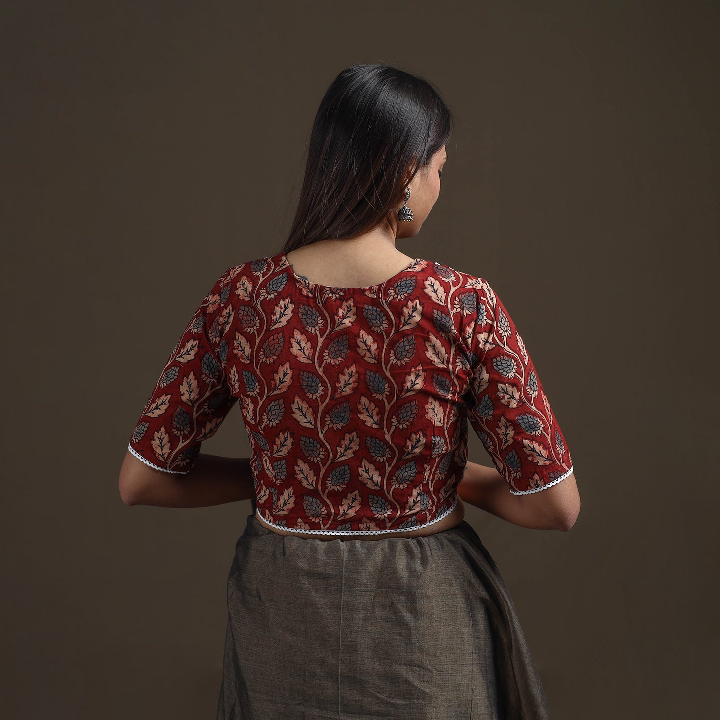 Ajrakh Hand Block Print Natural Dyed Cotton Readymade Blouse with Lace Work 05