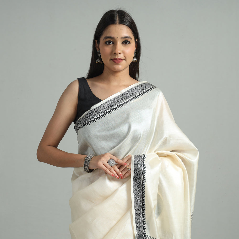 White - Traditional Vidarbha Tussar Silk Handloom Saree with Woven Border 37