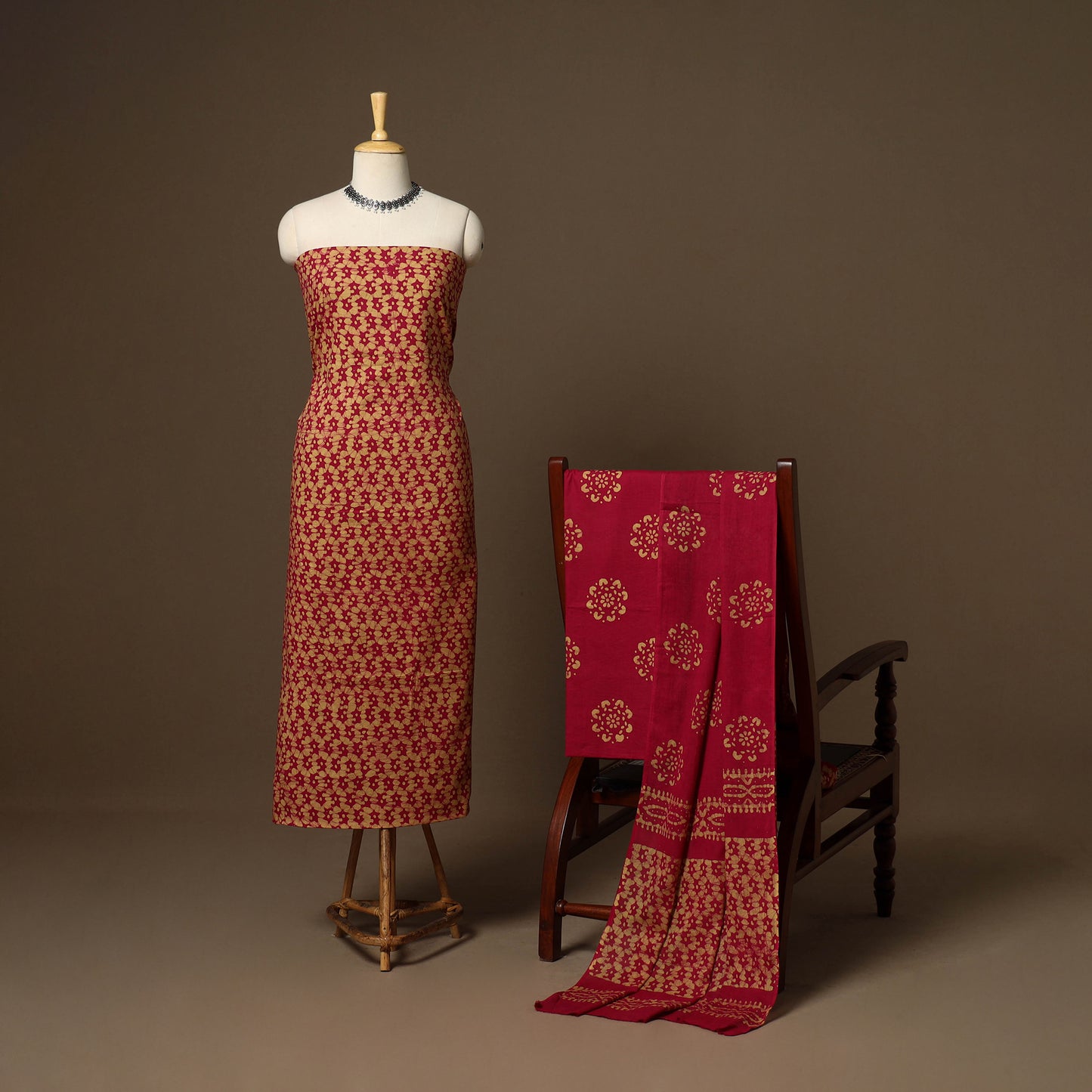 Red - 3pc cotton kutch batik dress material 03 - handcrafted