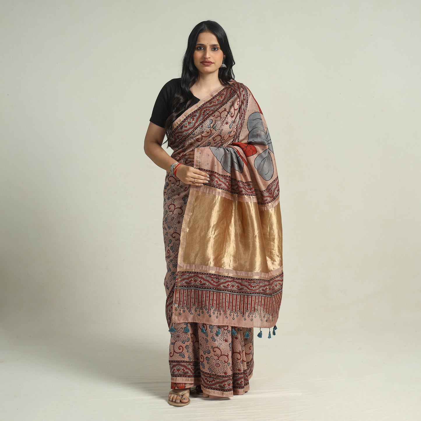 Brown - Chanderi Silk Block Printed Ajrakh Saree 07