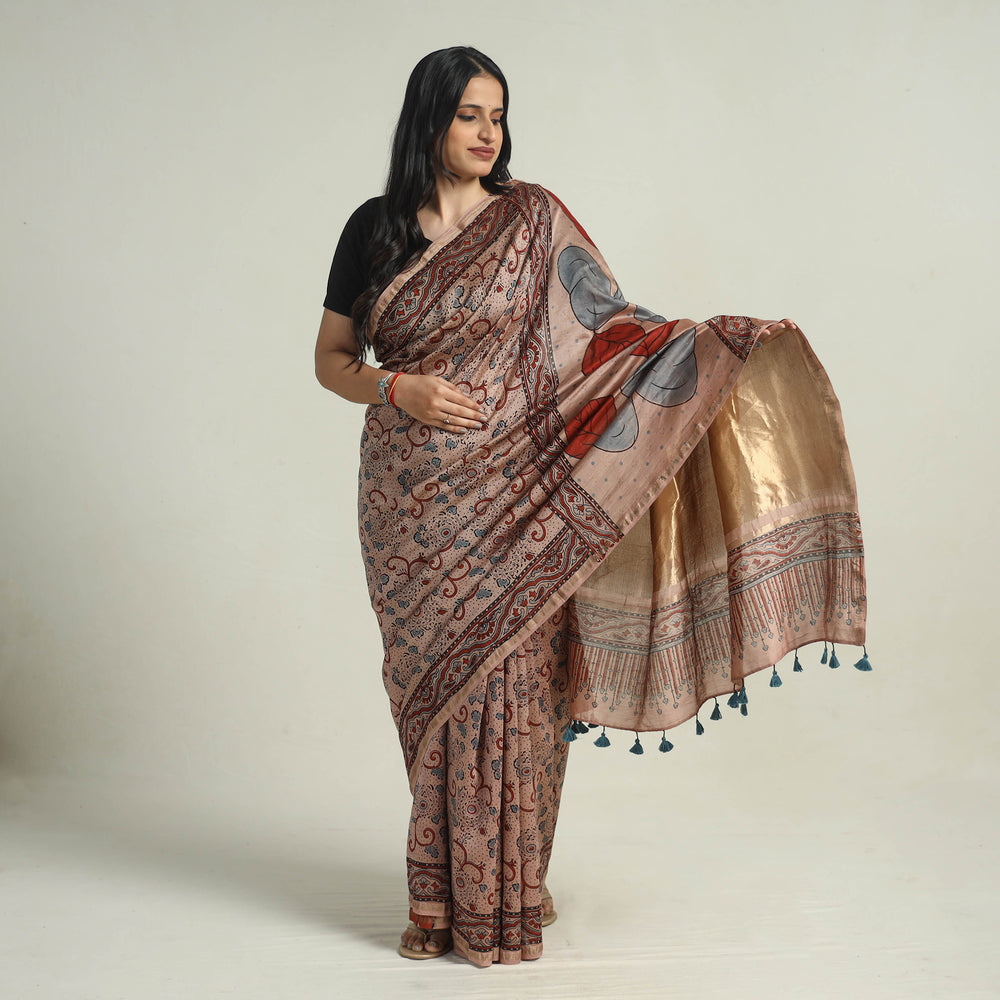 Brown - Chanderi Silk Block Printed Ajrakh Saree 07