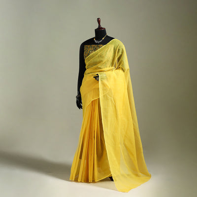 Yellow - Nazaakat Kota Doria Cotton Plain Saree with Blouse & Jewellery Set 50