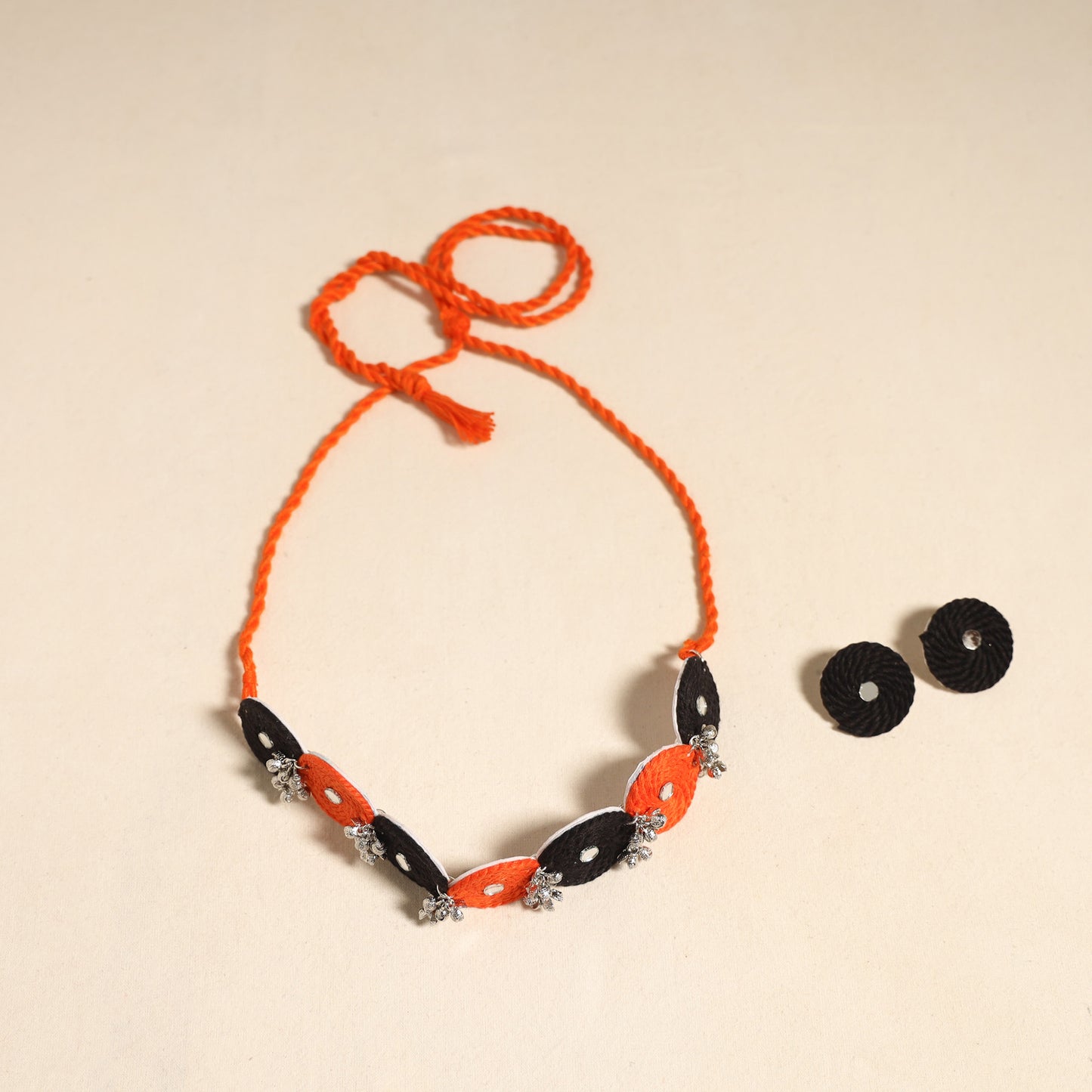Navratri Special! Orange Thread Ghungroo & Mirror Work Necklace Set