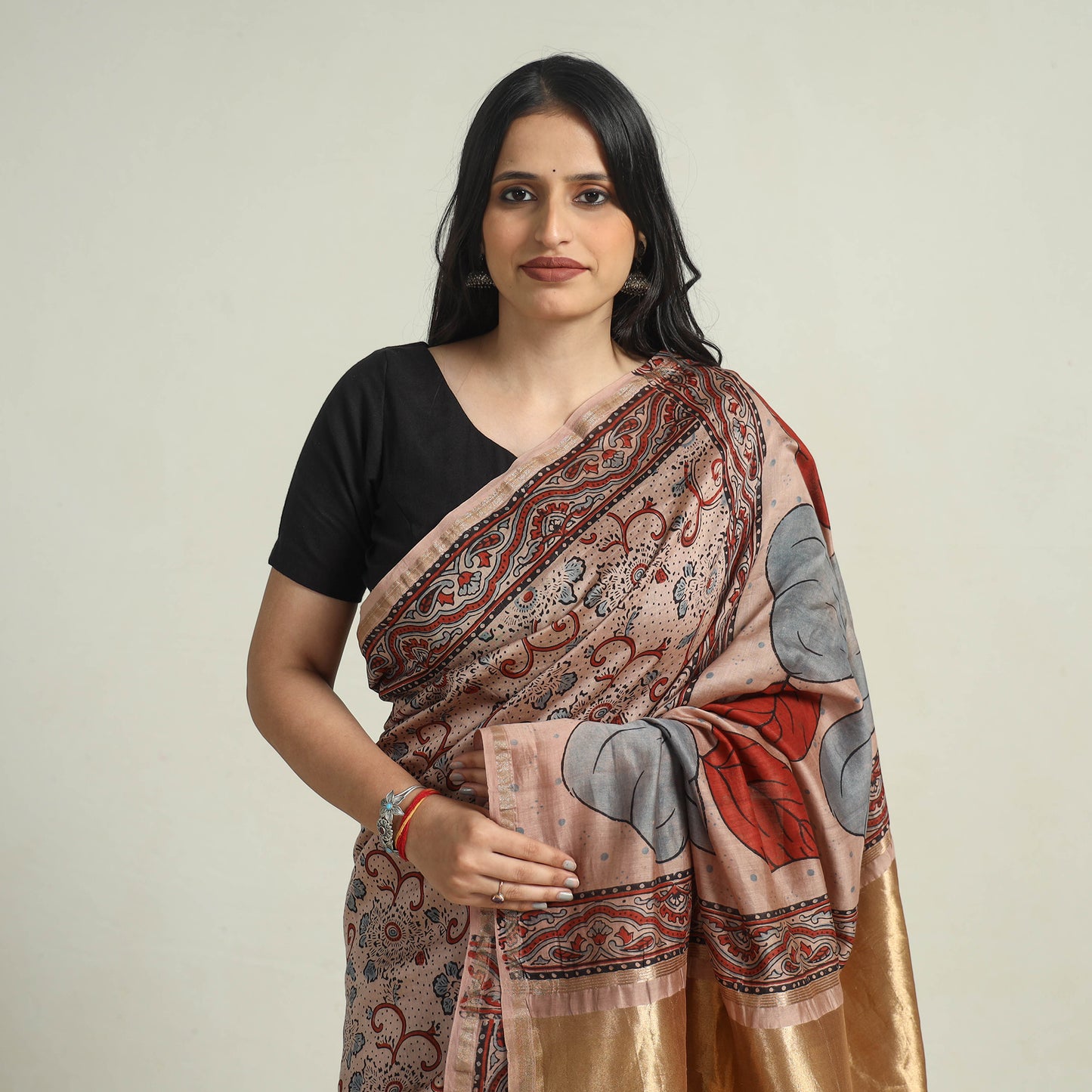 Brown - Chanderi Silk Block Printed Ajrakh Saree 07