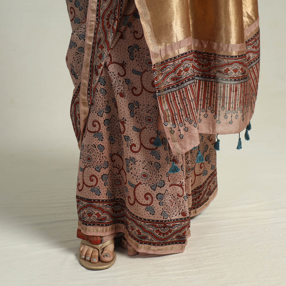 Brown - Chanderi Silk Block Printed Ajrakh Saree 07