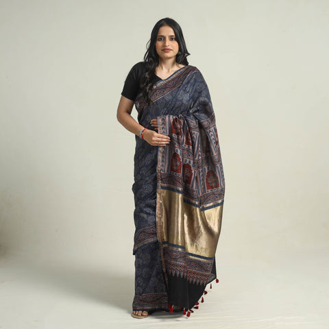 Blue - Chanderi Silk Block Printed Ajrakh Saree 08