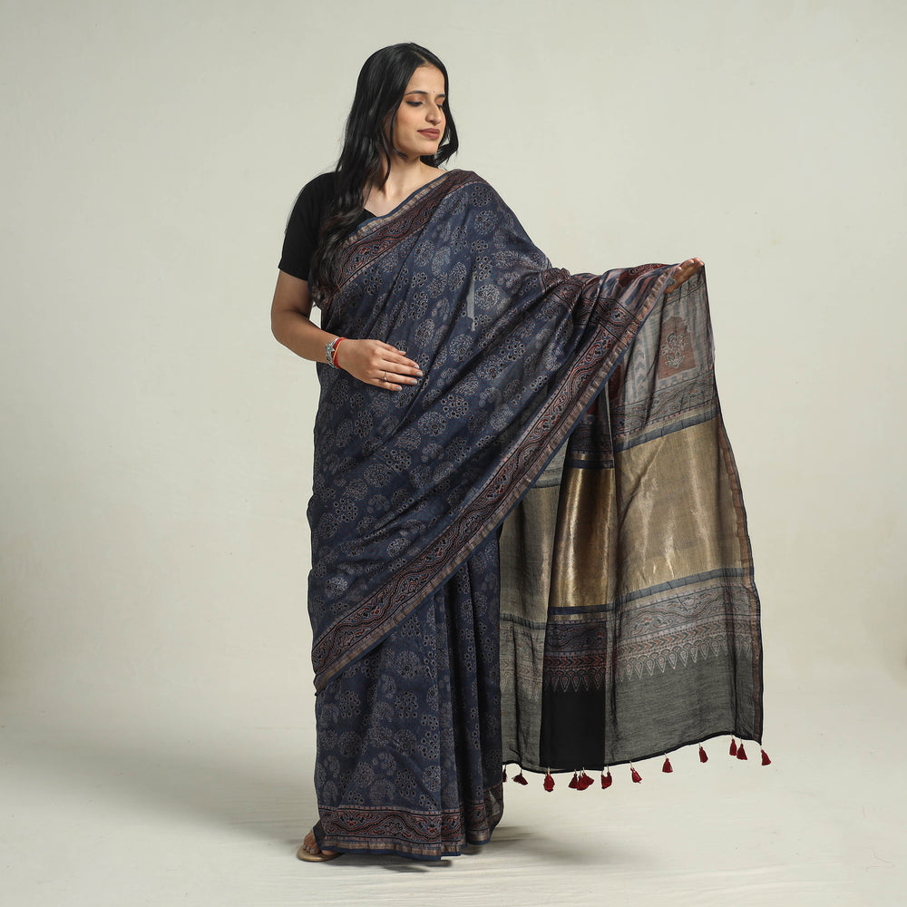 Blue - Chanderi Silk Block Printed Ajrakh Saree 08