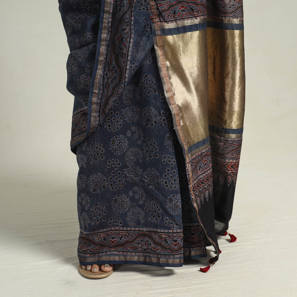 Blue - Chanderi Silk Block Printed Ajrakh Saree 08