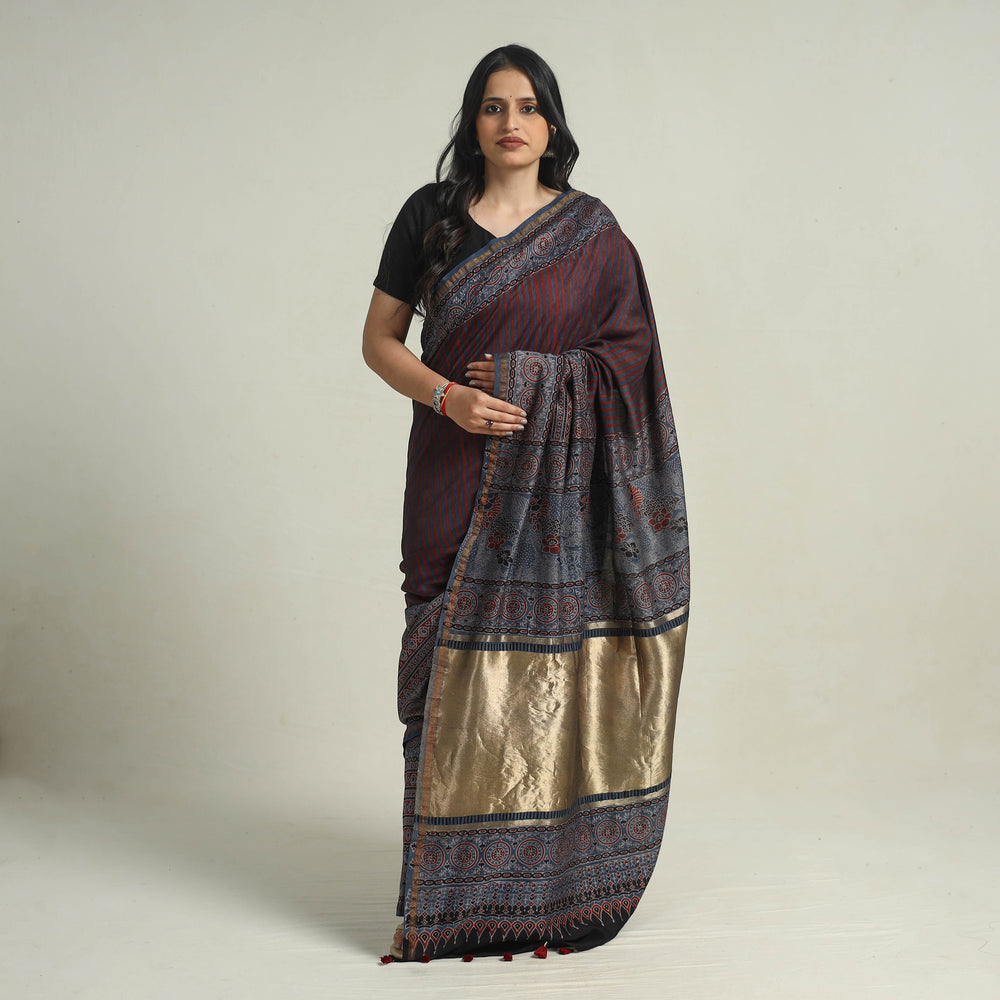 Multicolor - Chanderi Silk Block Printed Ajrakh Saree 09