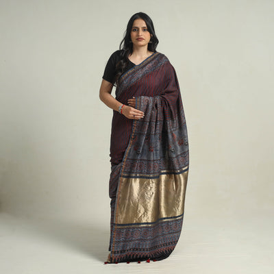 Multicolor - Chanderi Silk Block Printed Ajrakh Saree 09