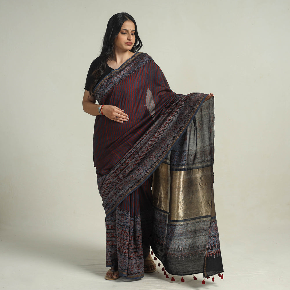 Multicolor - Chanderi Silk Block Printed Ajrakh Saree 09