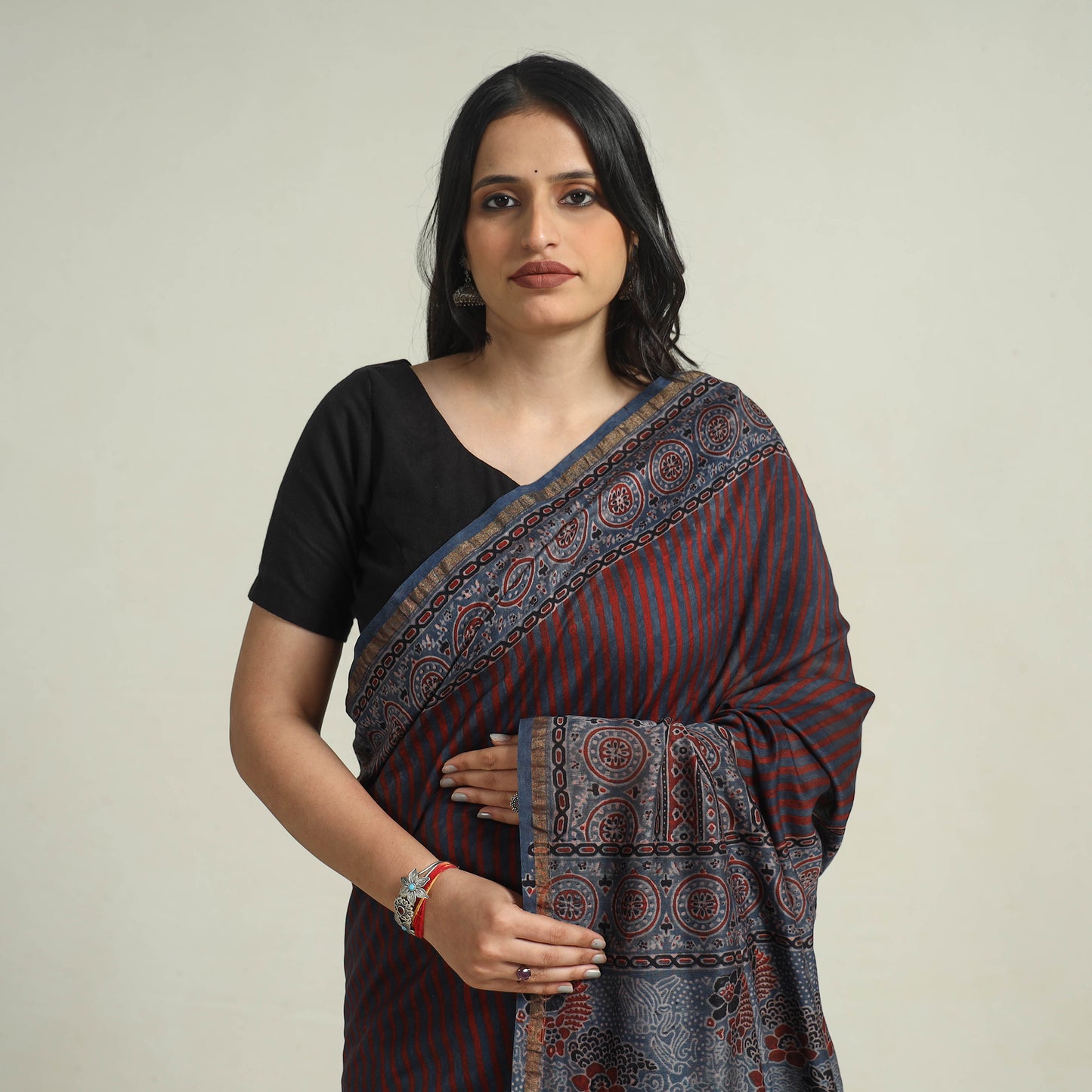 Multicolor - Chanderi Silk Block Printed Ajrakh Saree 09