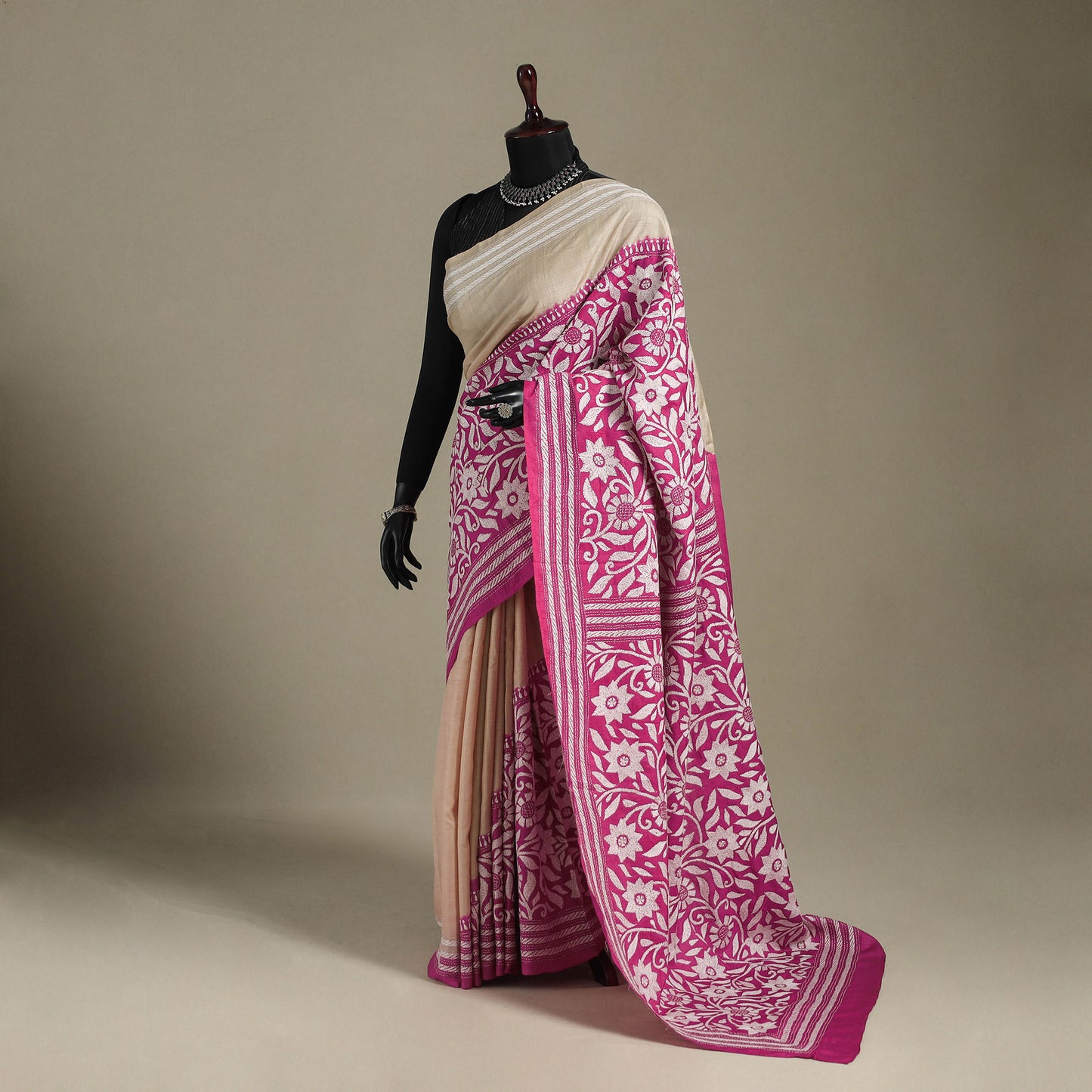 Pink - bengal hand embroidery tussar silk handloom kantha