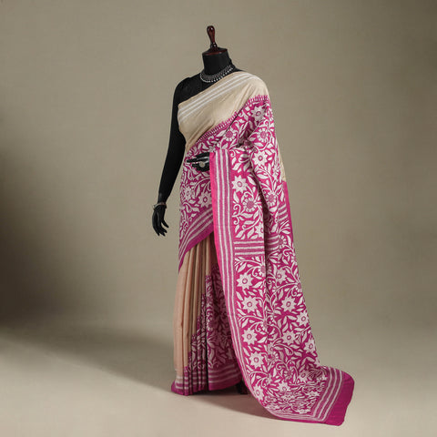 Pink - bengal hand embroidery tussar silk handloom kantha