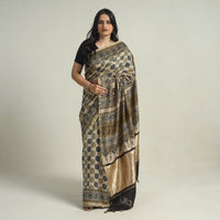 Beige - Chanderi Silk Block Printed Ajrakh Saree 10