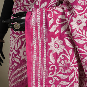 Pink - bengal hand embroidery tussar silk handloom kantha