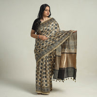 Beige - Chanderi Silk Block Printed Ajrakh Saree 10