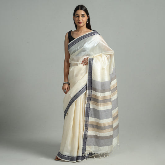 White - Traditional Vidarbha Tussar Silk Handloom Saree with Woven Border 40