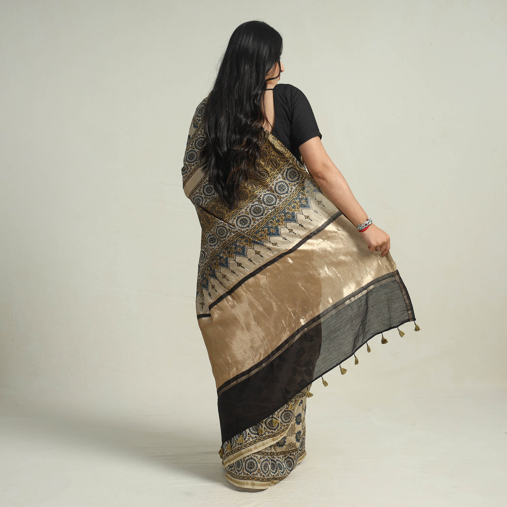 Beige - Chanderi Silk Block Printed Ajrakh Saree 10