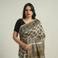 Beige - Chanderi Silk Block Printed Ajrakh Saree 10