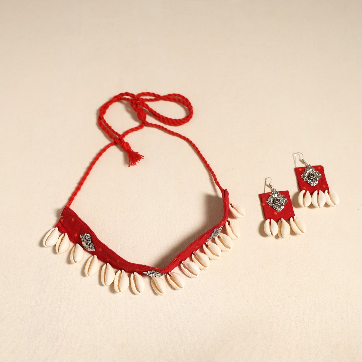 Navratri Special! Red Fabart German Silver & Shell Work Necklace Set 