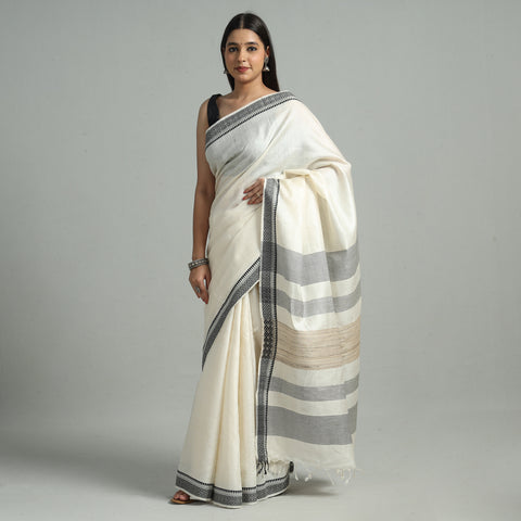 White - Traditional Vidarbha Tussar Silk Handloom Saree with Woven Border 39