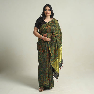 Green - Chanderi Silk Block Printed Ajrakh Saree 12