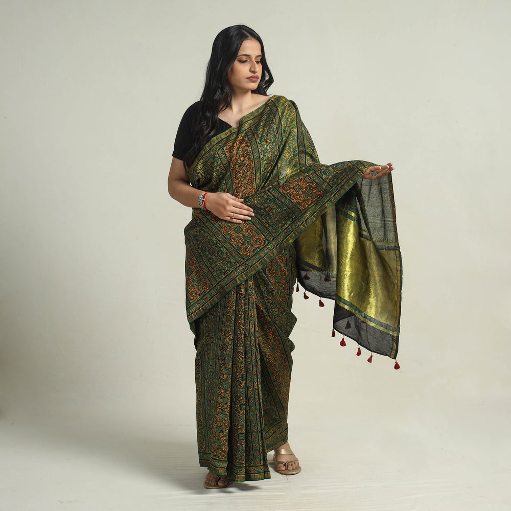 Green - Chanderi Silk Block Printed Ajrakh Saree 12