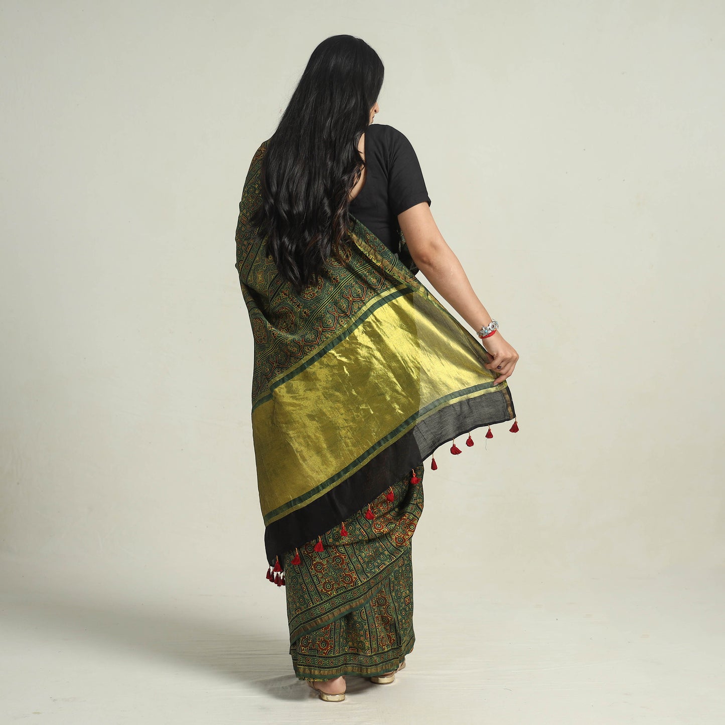 Green - Chanderi Silk Block Printed Ajrakh Saree 12