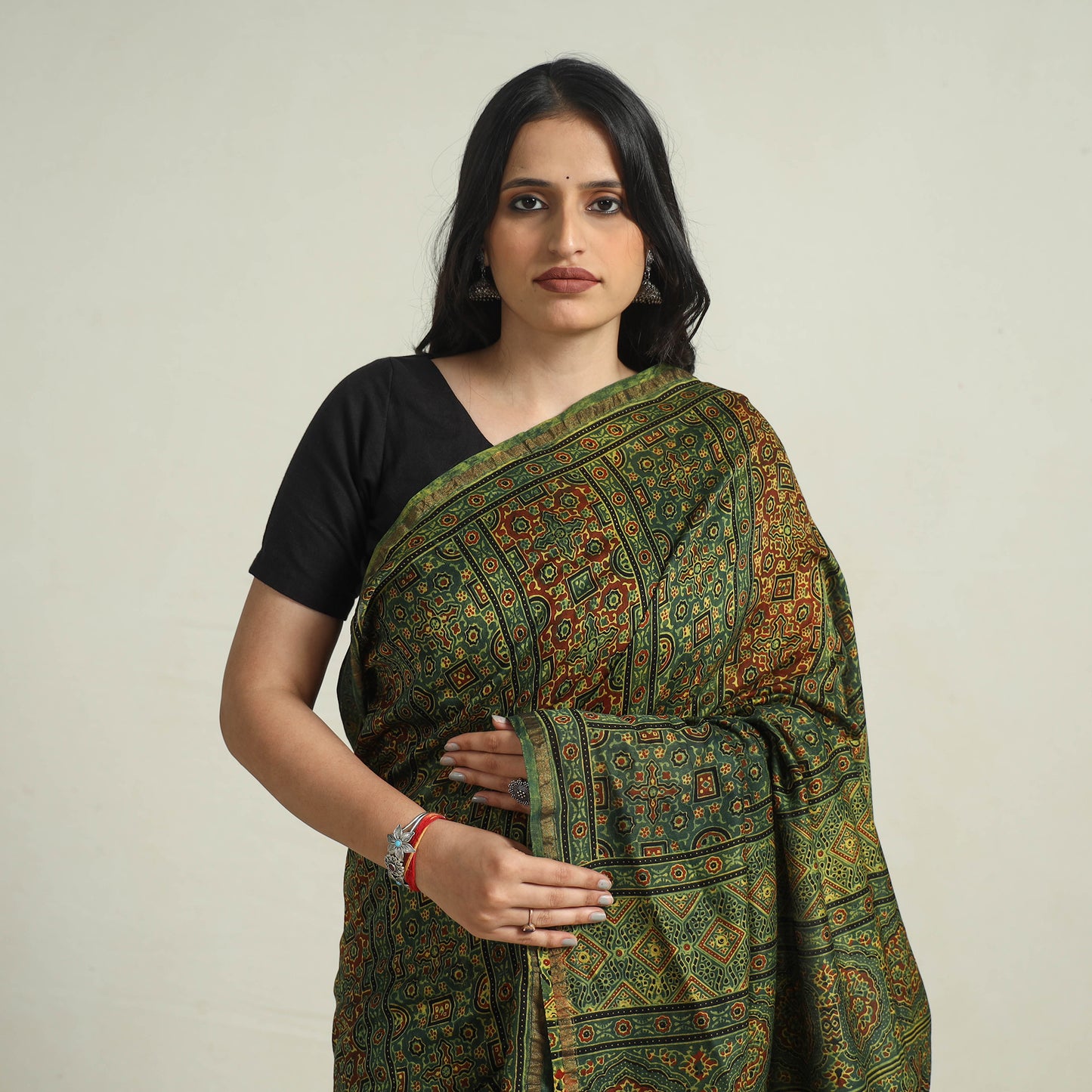 Green - Chanderi Silk Block Printed Ajrakh Saree 12